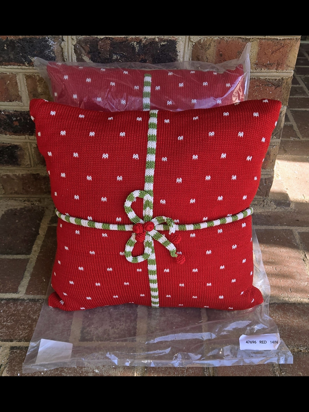Melange Red Knit Holiday Pillow with Green and White Ribbon Bow